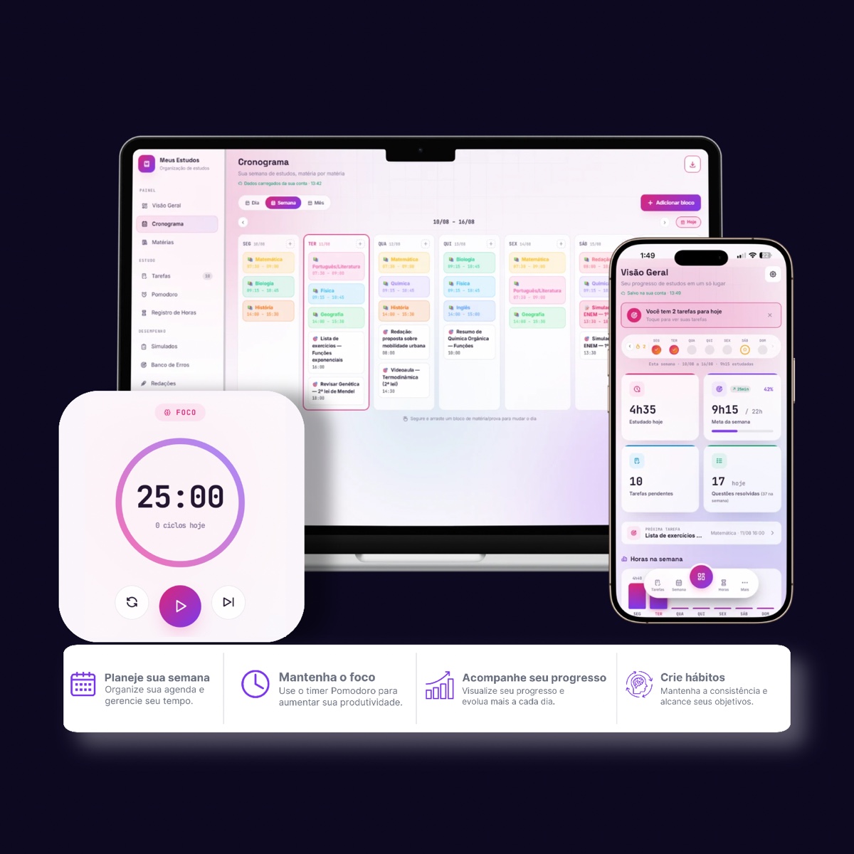 MV Planner no computador e no celular: cronograma semanal, visão geral do progresso e timer pomodoro